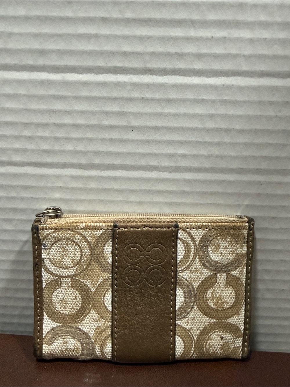 Coach Khaki and Brown Signature Zip Card Case Wallet
